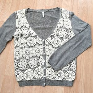 Flash Cardigan / SIZE S / gray with ivory crochet overlay